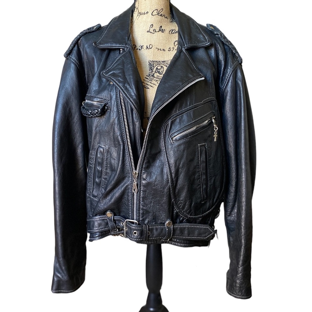 Vintage 90s Ripples Belted Leather Biker Jacket Unisex-Women’s Large Men’s Small